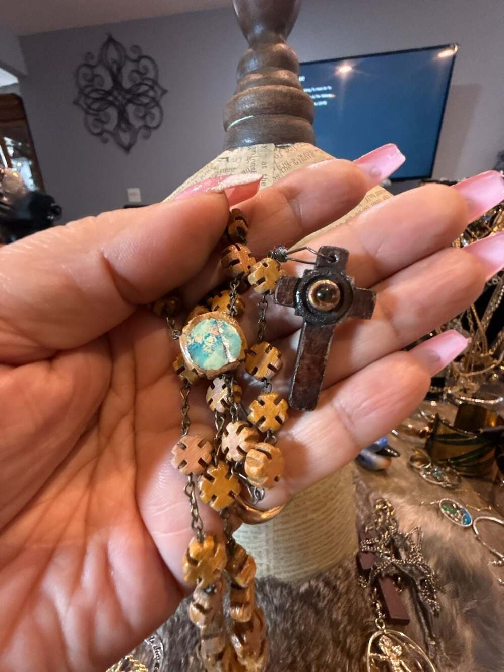 Vintage Carved Wood Beads Catholic Rosary With Crucifix